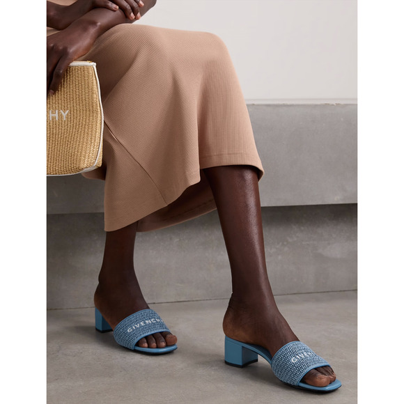 Givenchy 4G Denim Blue Raffia Logo Leather Slide On Mule Block Heel Sandal 39.5 - Picture 3 of 15